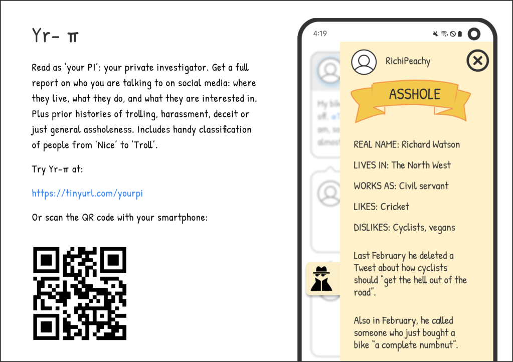 The explanatory card says: Yr-Π. Read as 'Your PI', your private investigator. Get a full report on who you are talking to on social media: where they live, what they do, and what they are interested in. Plus prior histories of trolling, harassment, deceit or just general assholeness. Includes handy classification of people from 'Nice' to 'Troll'.