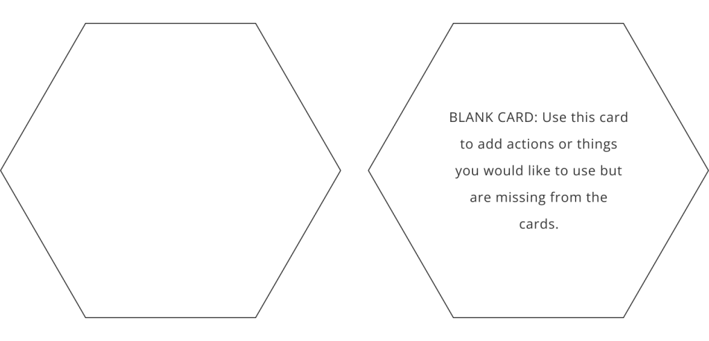 This image shows a blank card, both its front and back. The front is white and empty. The back includes the following explanation: Use this card to add actions or things you would like to use but are missing from the cards.