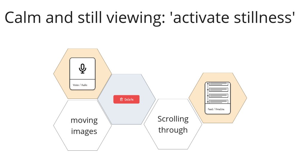 The still view mode for social media, as created with the design card by the participant. It includes the following cards: voice / audio, delete and feed timeline. It also includes 2 custom cards created for this feature: moving images and scrolling through